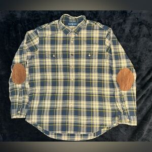 Ralph Lauren Mens Green Plaid Button Down Flannel Shirt XL Suede Elbow Patches